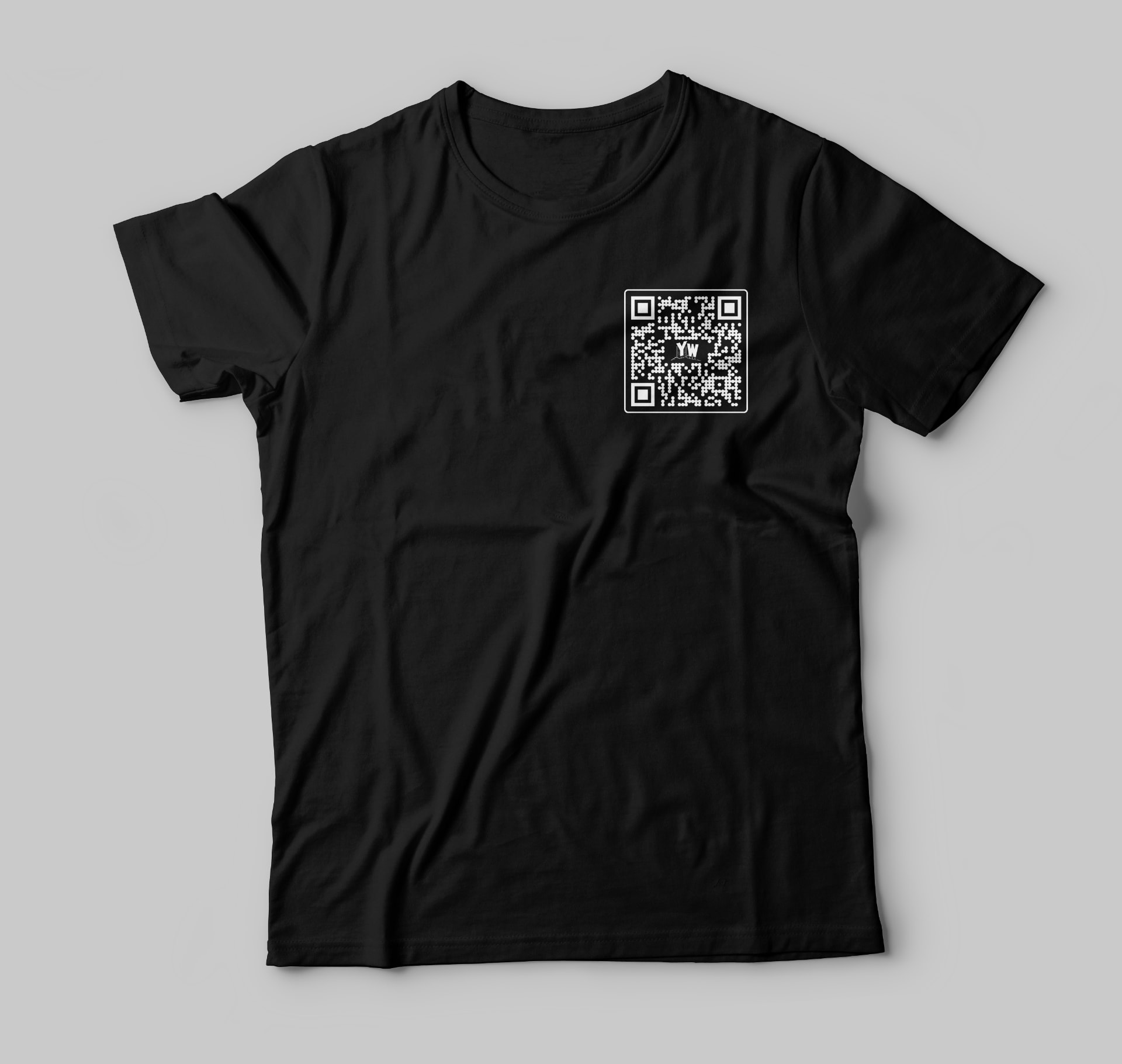 Black tee with a QR code printed on the chest