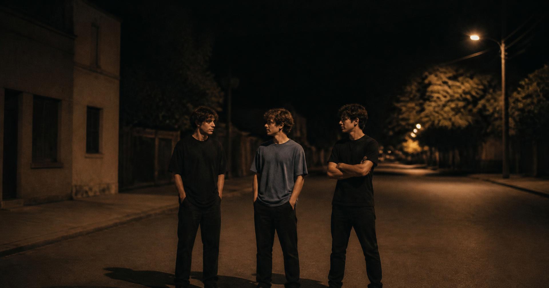 Three friends wearing the tees on a quiet street at night